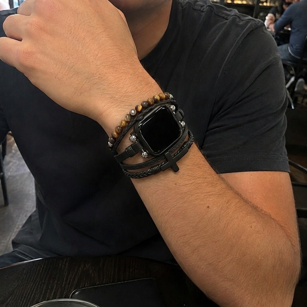 Black multi-row watch bracelet with cross charm and bead strands