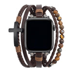 Brown multi-row watch band with cross charm and adjustable strap