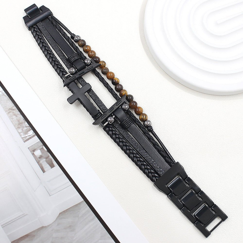 Black multi-row watch band with cross charm, beaded bracelet, buckle