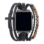 Black multi-row watch band with cross charm and beaded accents