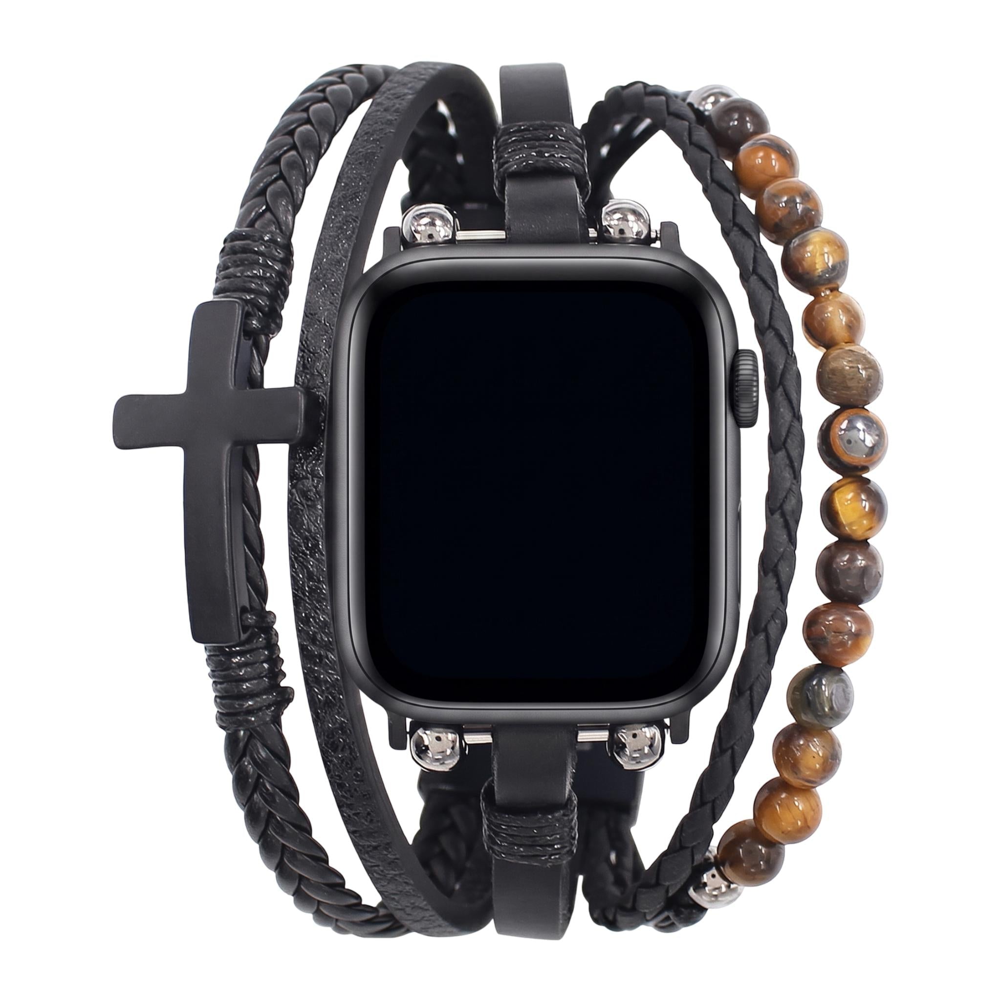 Black multi-row watch band with cross charm and beaded accents