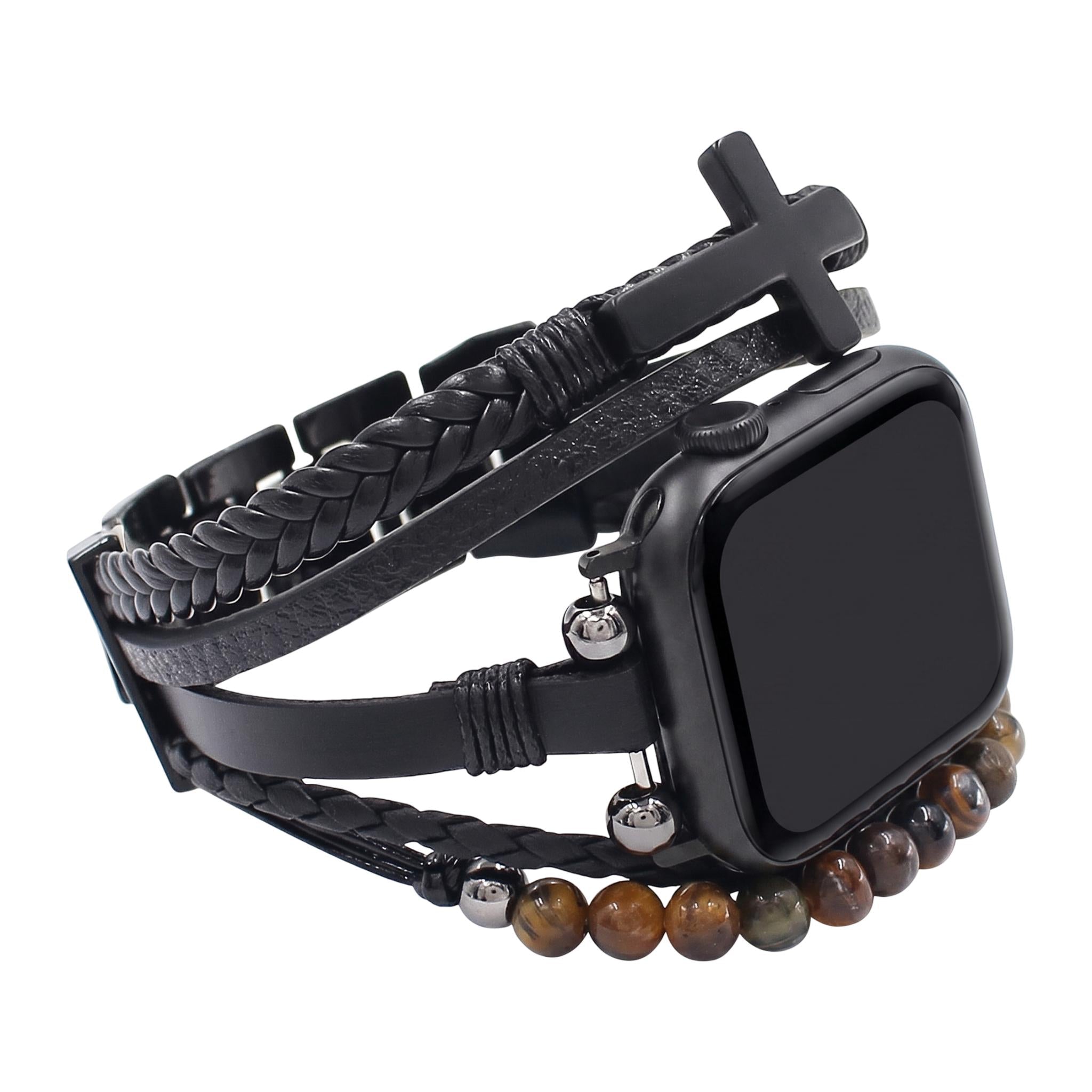 Black multi-row watch band with cross charm, braided leather, bead accents
