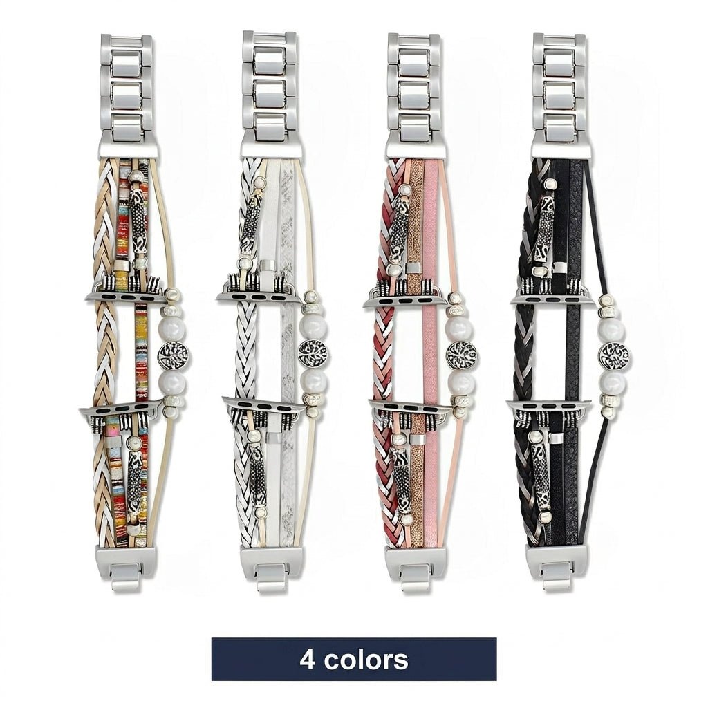 Set of four Apple Watch multi-wrap bracelets in silver, black, red, and pink cords