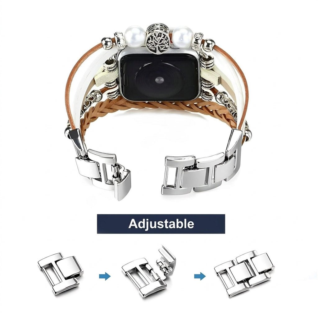 Adjustable Apple Watch bracelet with silver links, braided wraps, and Tree of Life charm