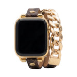 Brown double-wrap Apple Watch strap with gold Cuban-link chain and adjustable clasp