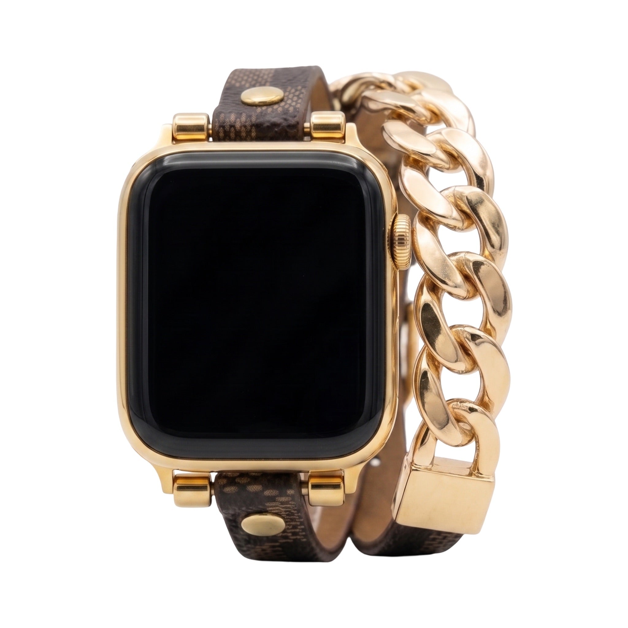 Brown double-wrap Apple Watch strap with gold Cuban-link chain and adjustable clasp