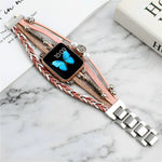 Apple Watch multi-wrap bracelet with pink and tan braids, pearl charms, butterfly screen