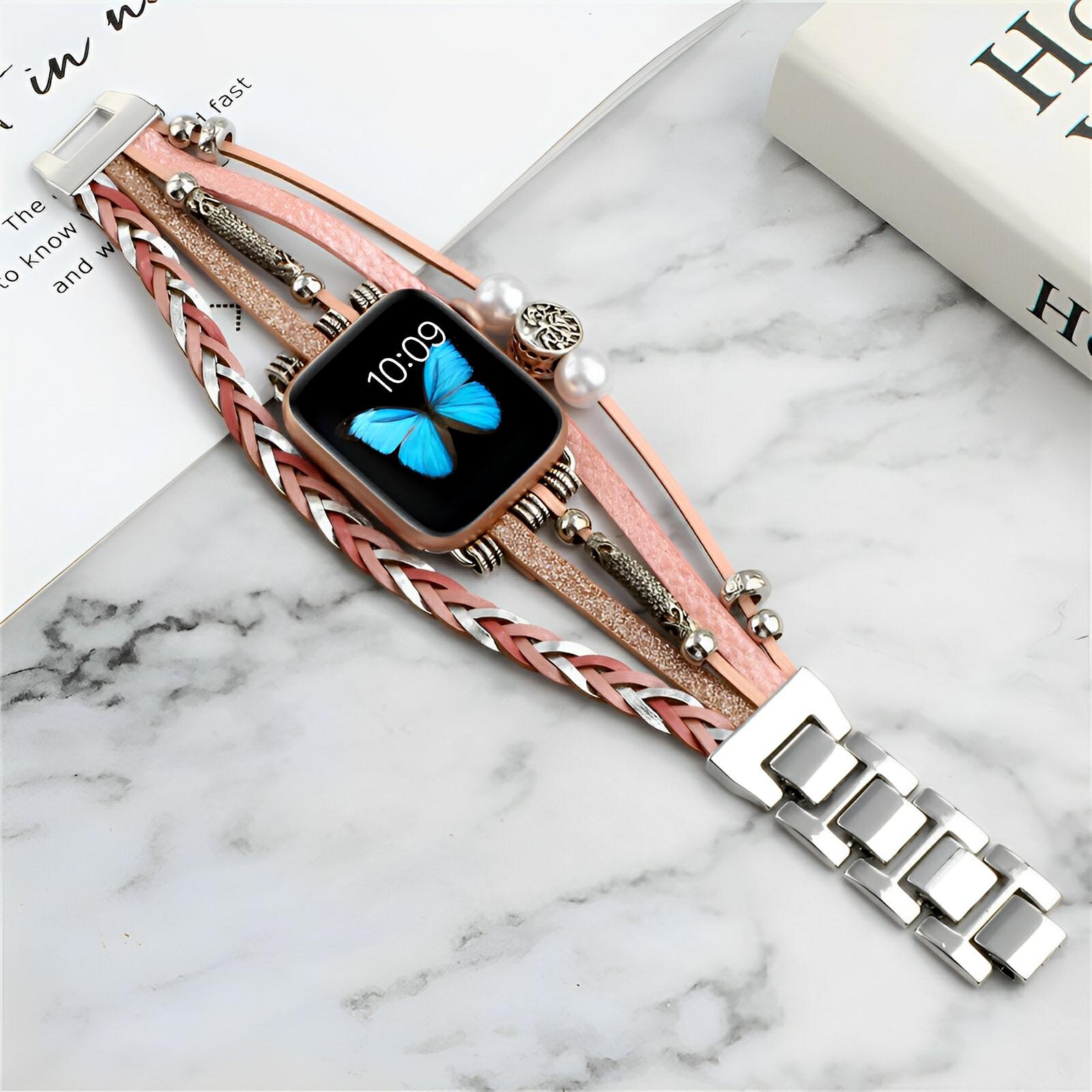 Apple Watch multi-wrap bracelet with pink and tan braids, pearl charms, butterfly screen
