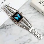 Apple Watch multi-wrap bracelet with silver and tan braids, pearl charms, butterfly screen