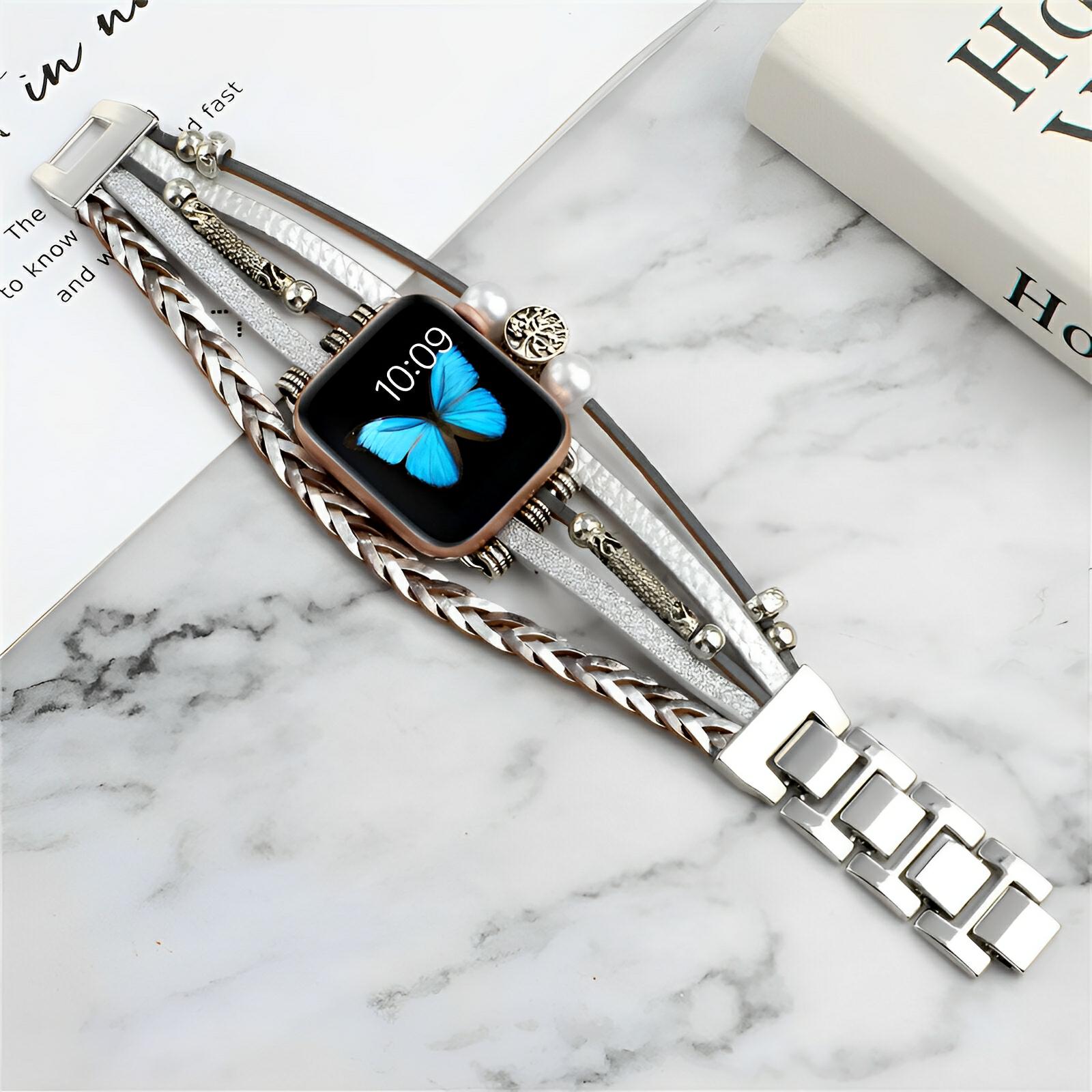 Apple Watch multi-wrap bracelet with silver and tan braids, pearl charms, butterfly screen