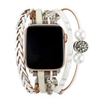 Apple Watch braided multi-wrap bracelet with white cords, pearls, and Tree of Life pendant