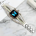 Apple Watch multi-wrap bracelet with tan and white braids, butterfly screen, pearl charms