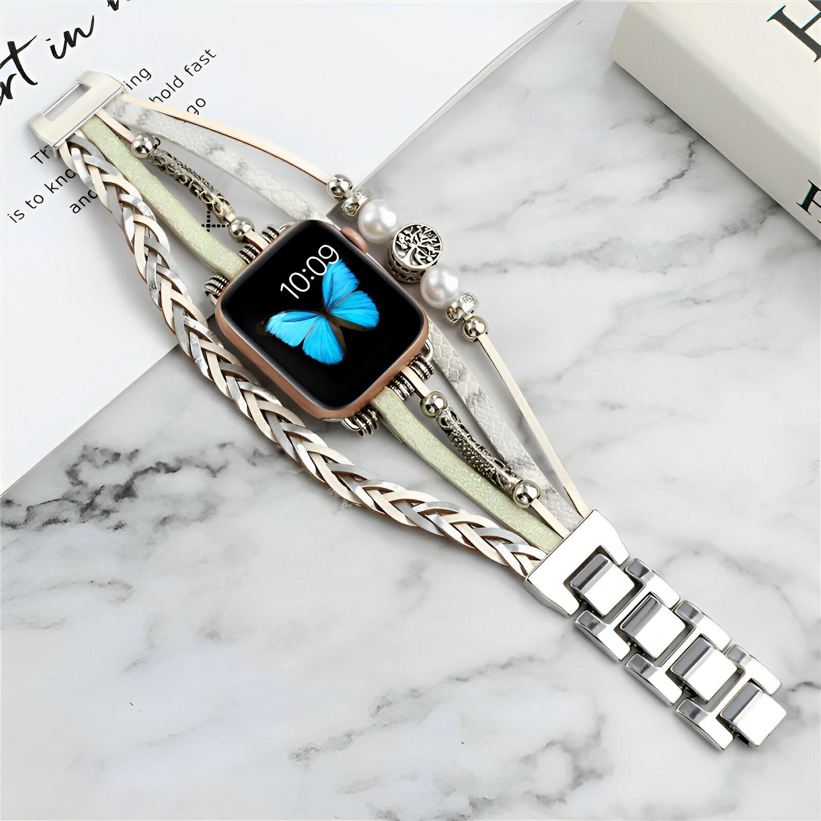 Apple Watch multi-wrap bracelet with tan and white braids, butterfly screen, pearl charms