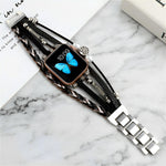 Apple Watch multi-wrap bracelet with black braids and pearl charms, butterfly screen