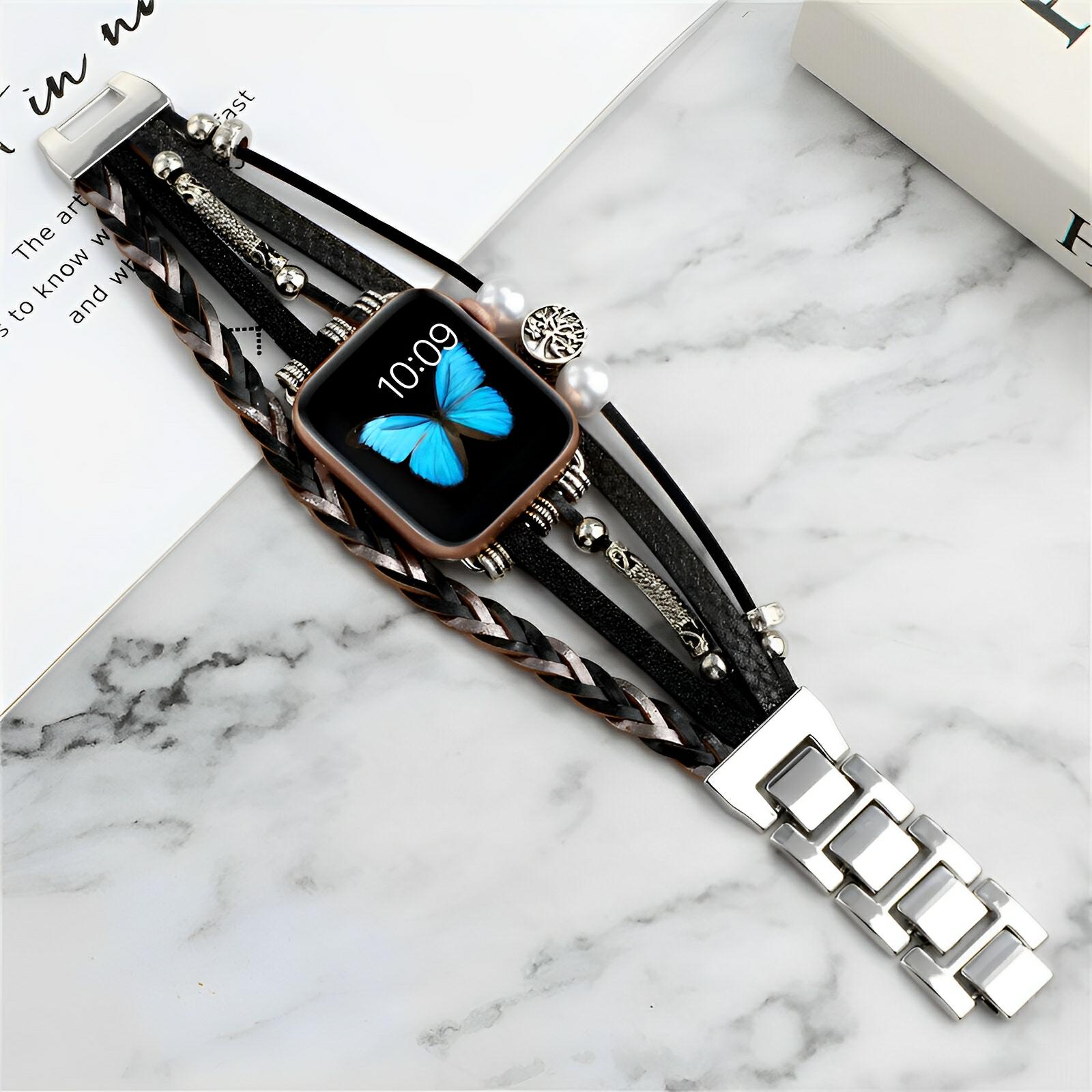 Apple Watch multi-wrap bracelet with black braids and pearl charms, butterfly screen