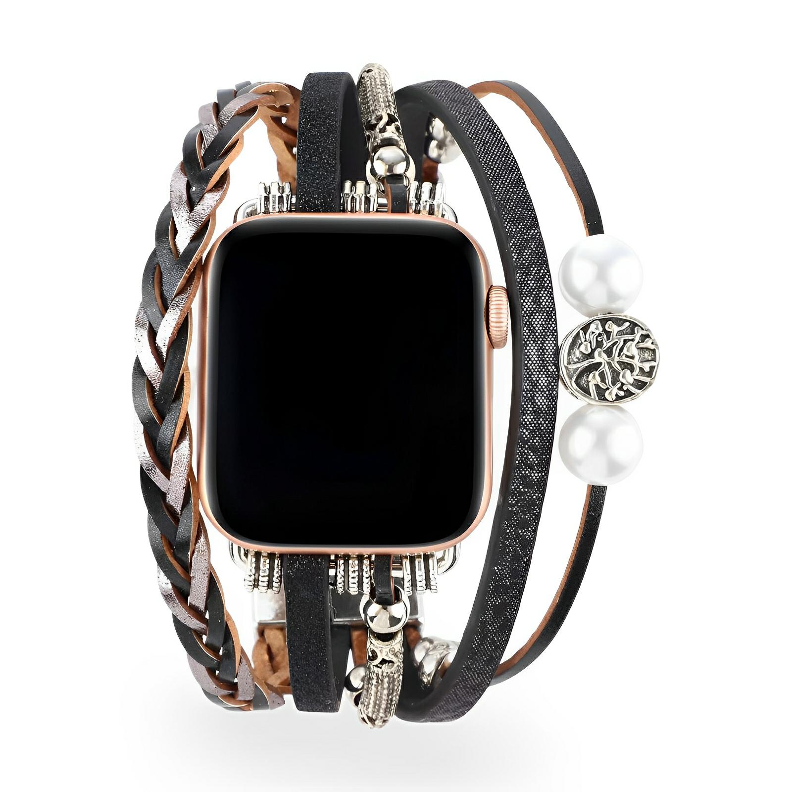 Apple Watch multi-strand bracelet, black woven bands with Tree of Life charm and beads