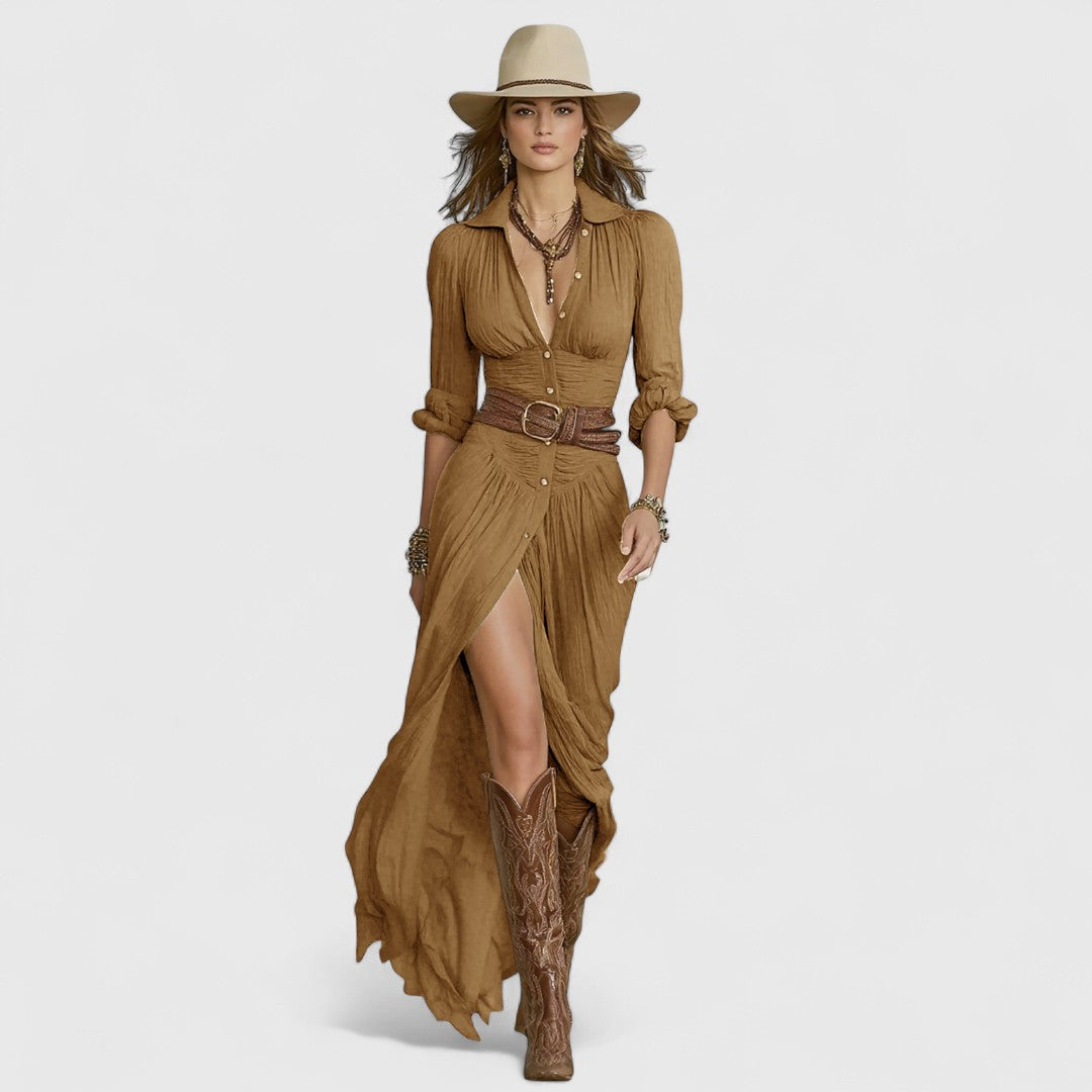 Brown long linen wrap dress with V-neck, three-quarter sleeves, and side slit