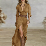 Brown long linen dress with V-neck buttons, reverse collar, wrap slit and belt.