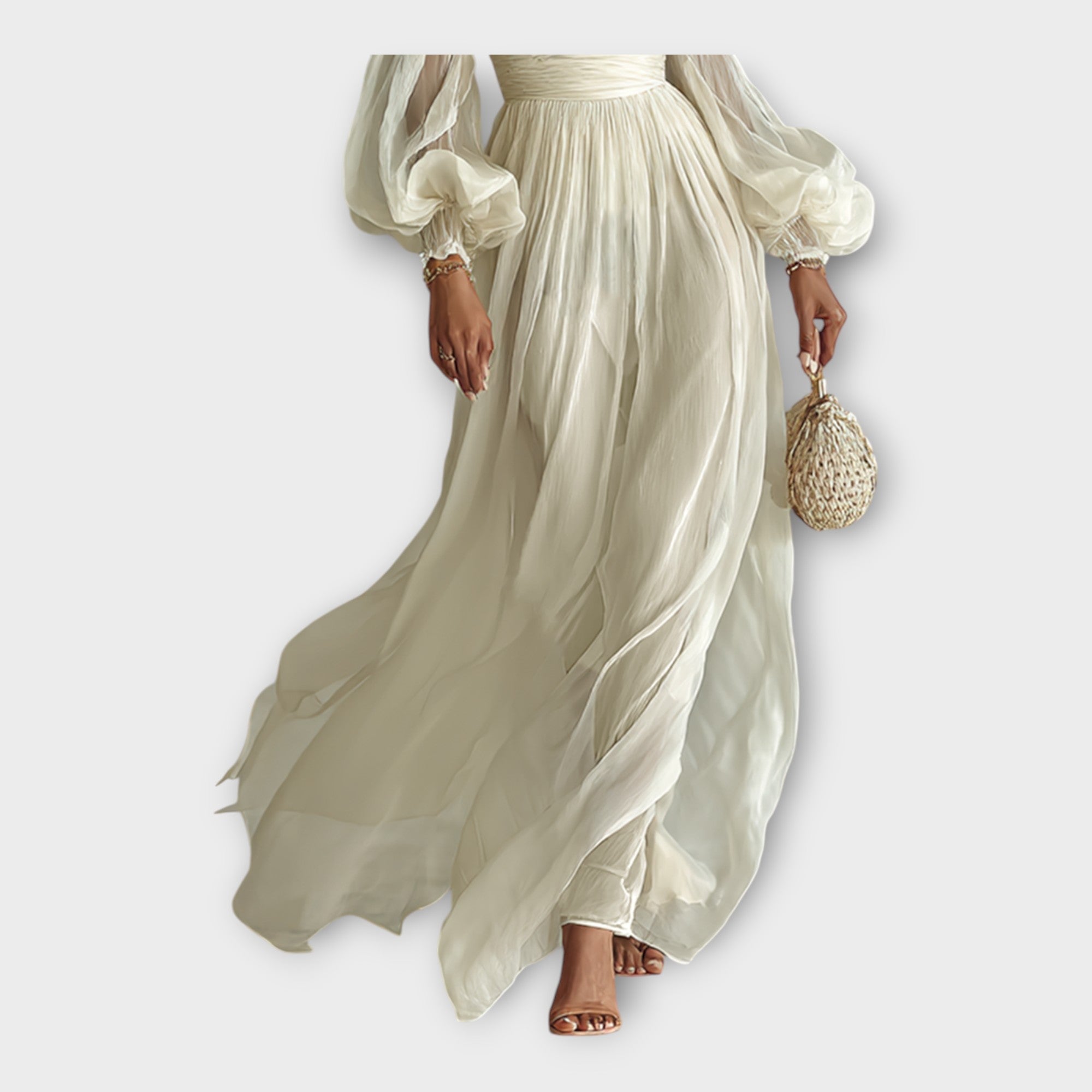 Light cream romantic maxi dress, gathered long skirt with side drape, puff sleeves