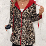 Leopard-print reversible hooded jacket with red interior lining and full zip front