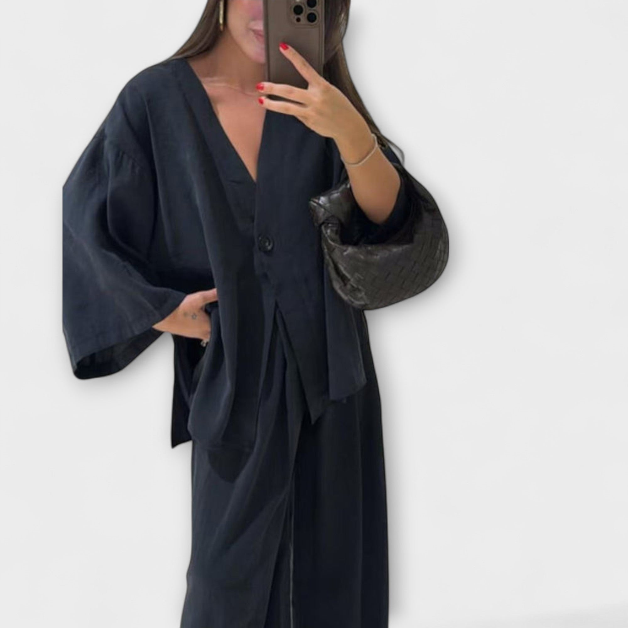 Two-layer V-neck top and wide-leg pants set, navy button-front blouse