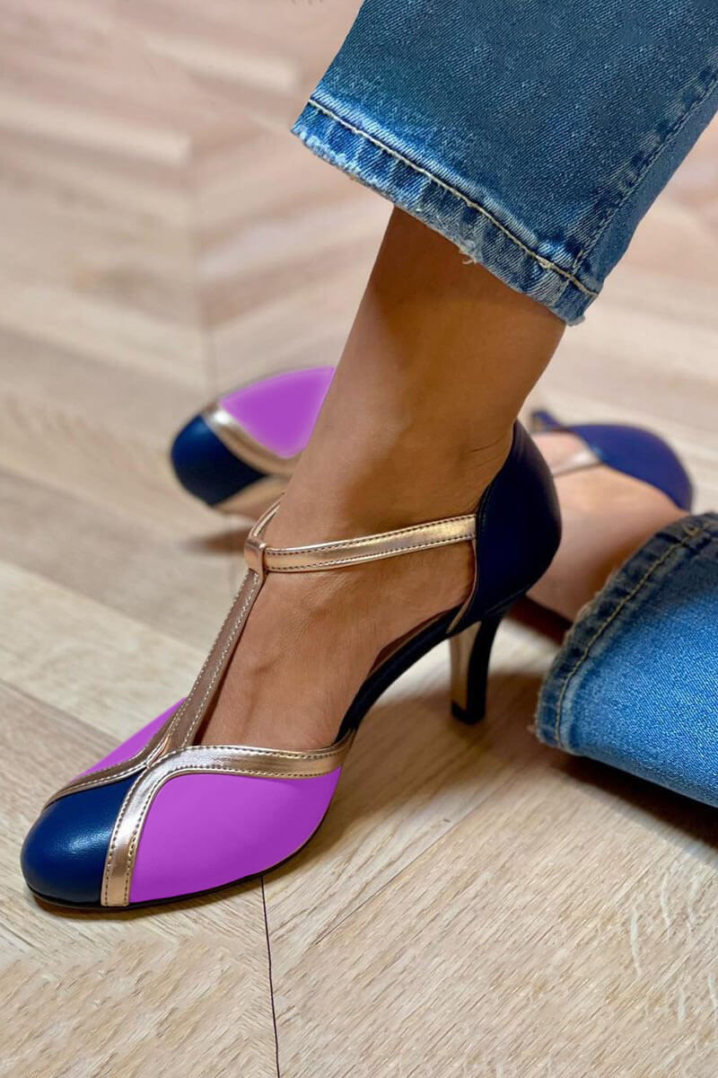 Color-block retro T-bar heels in dark blue with purple panels and slim stiletto heel
