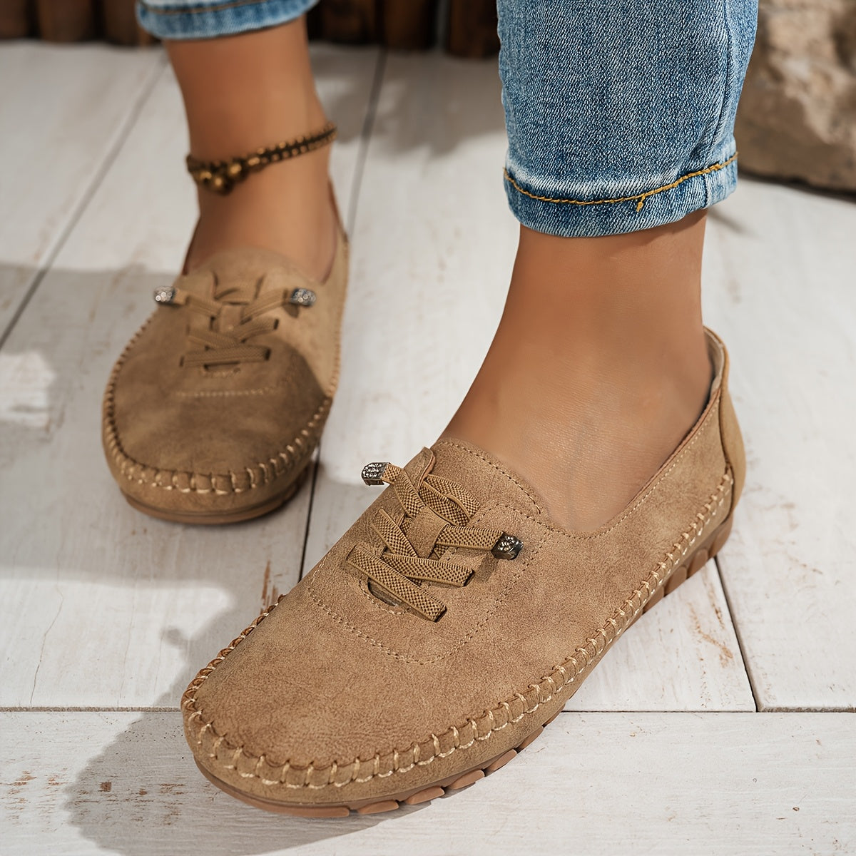 Tan suede-look lace-up slip-on loafer shoes with stitched trim and tread sole