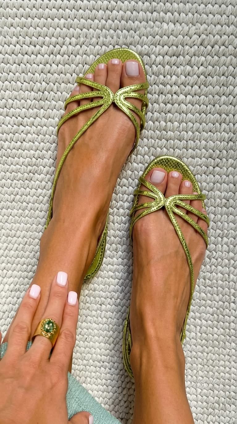 Metallic gold strappy flat sandals with green bow-like accent at toe