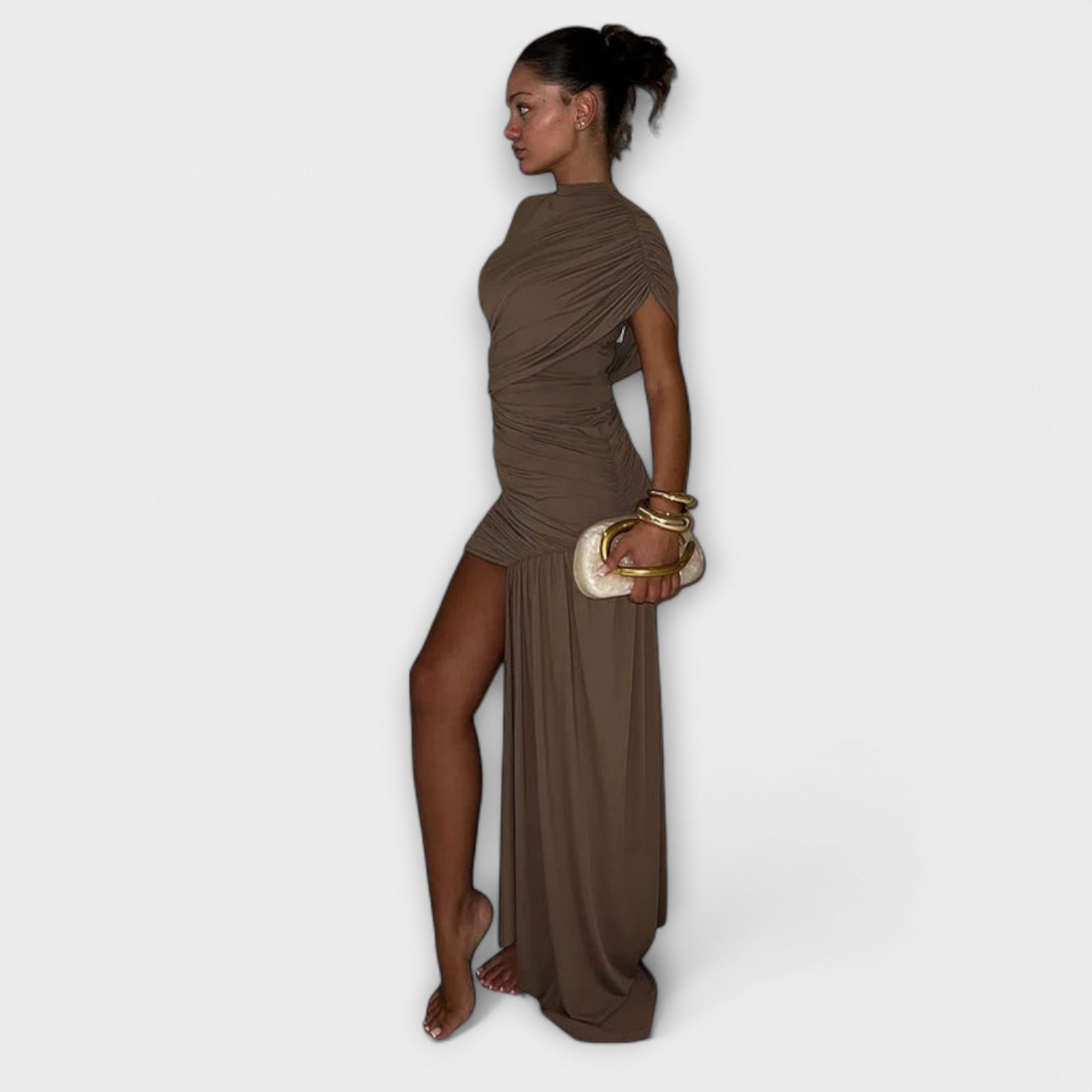 Ruched bodycon midi dress with asymmetrical draped back, sleeveless, olive-brown