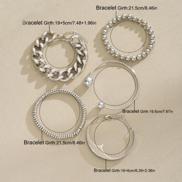 Silver-tone overlapping bracelet set with five designs: beaded, chain, and hoop styles