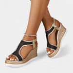 Women’s orthopedic platform sandals in black and gold, open toe, ankle strap with beaded detail