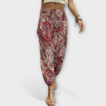 Ethnic patterned pants in red with elastic waist and loose harem legs