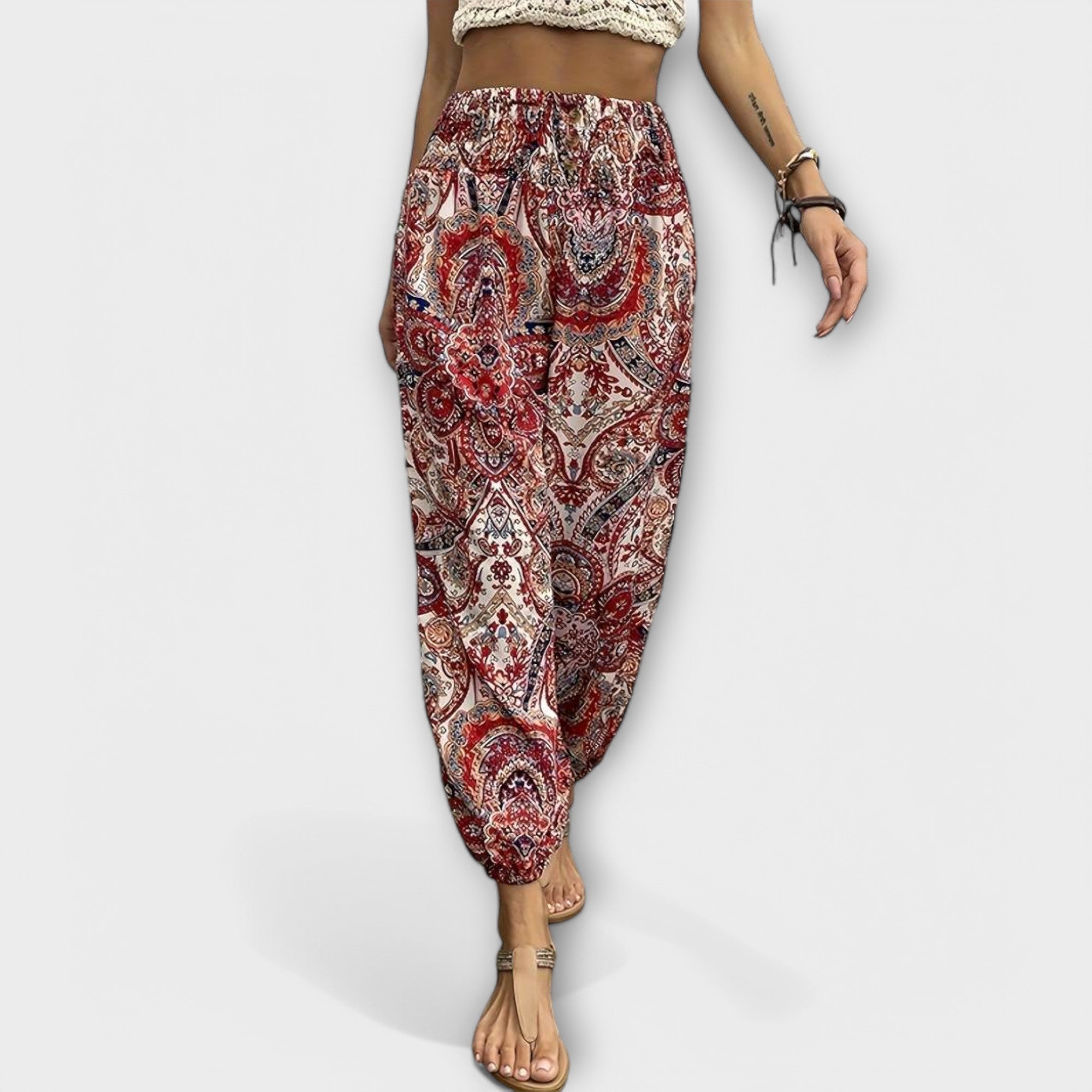 Ethnic patterned pants in red with elastic waist and loose harem legs