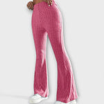 Pink ribbed knit bell-bottom pants with high waist and wide flare leg