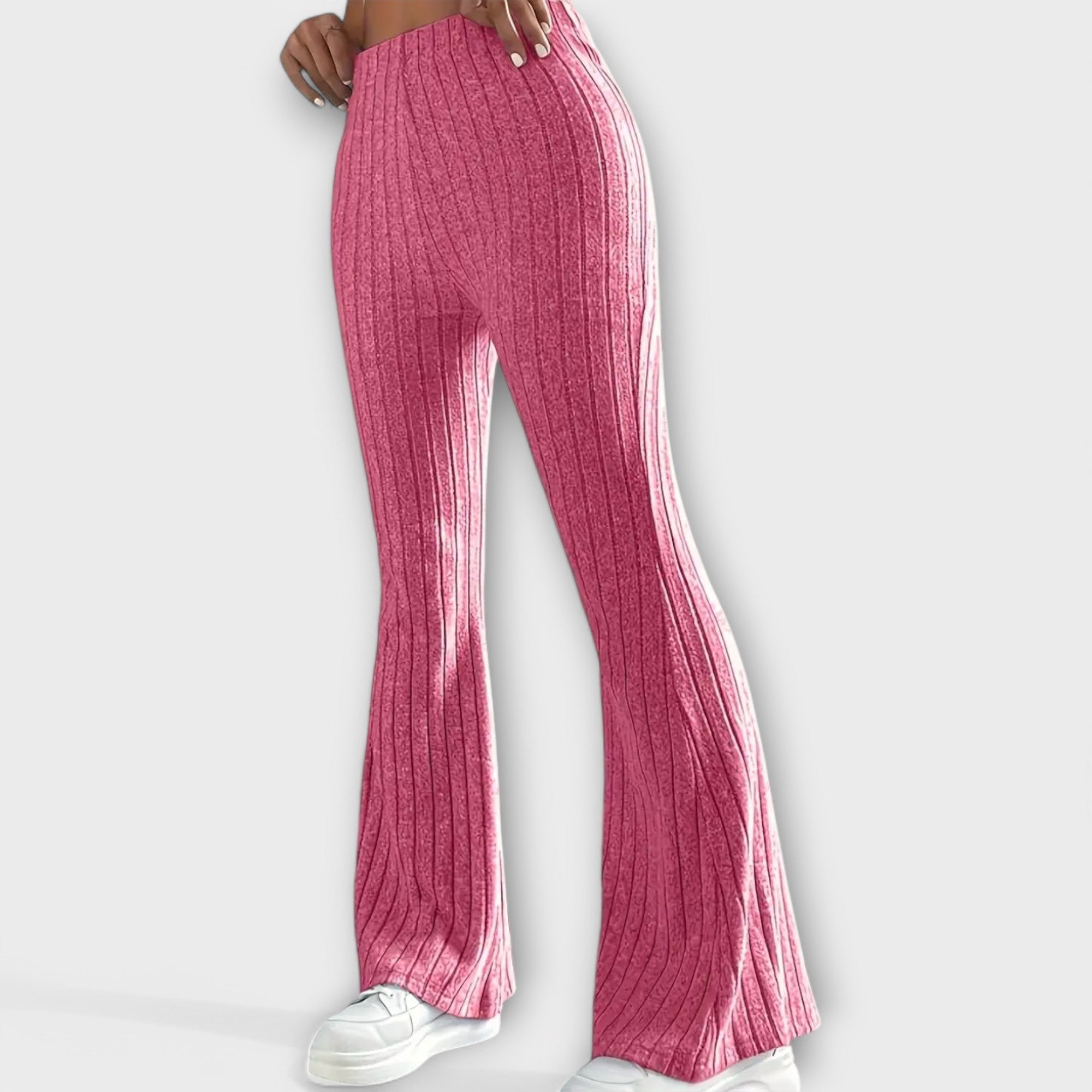 Pink ribbed knit bell-bottom pants with high waist and wide flare leg