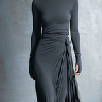 Charcoal gray maxi silk dress with ruched bodice and knotted waist detail, long sleeves