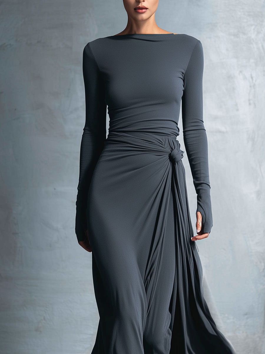 Naomie maxi dress with silk knot, long sleeves, ruched waist, slate gray