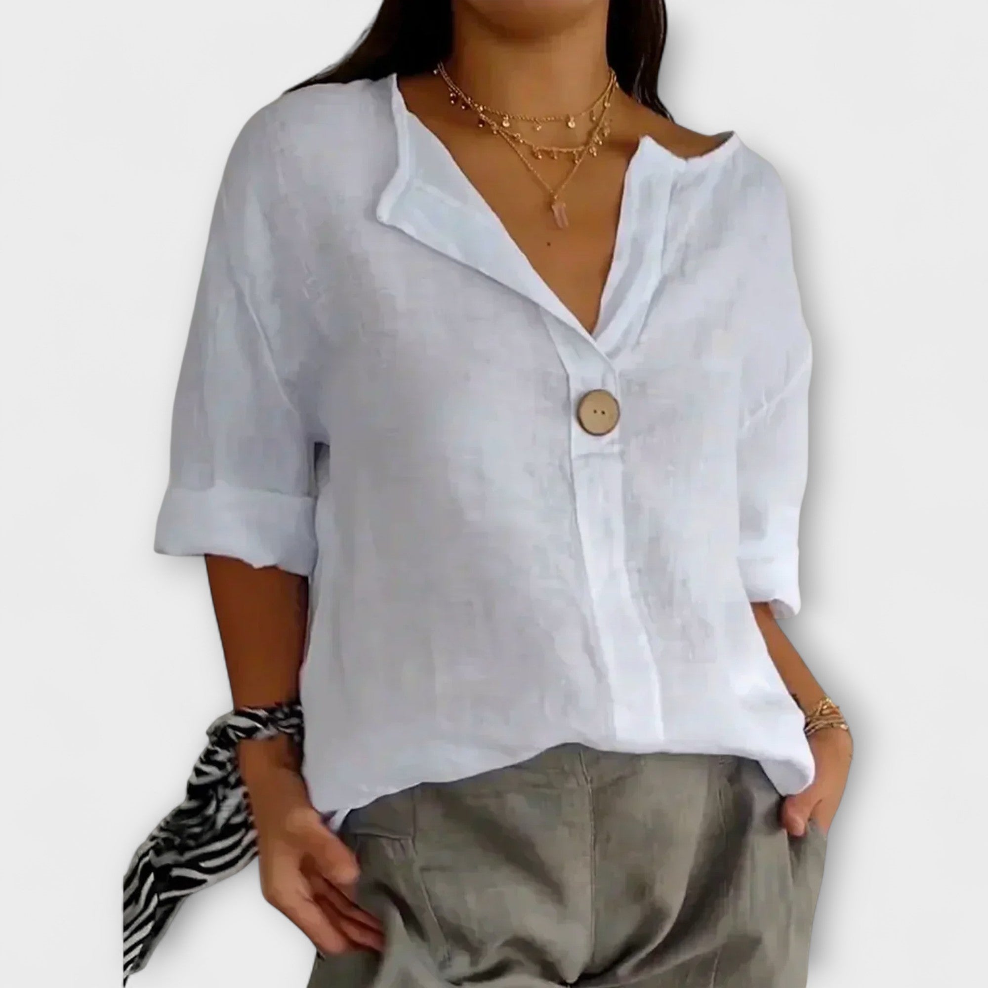 Lightweight button-front blouse, V-neck, elbow sleeves, light blue