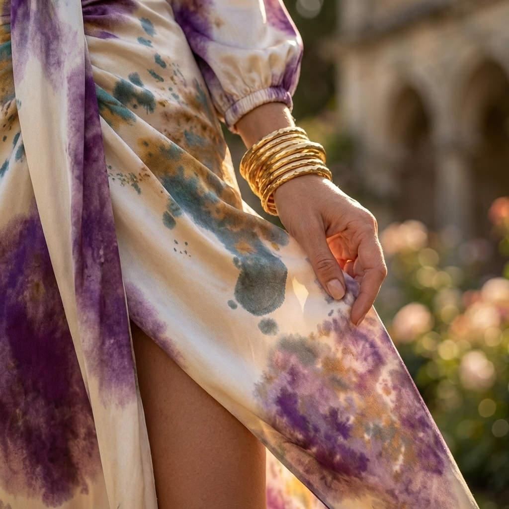Watercolor floral maxi dress fabric close-up, gathered long puff sleeve, side slit