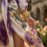 Watercolor floral maxi dress fabric close-up, gathered long puff sleeve, side slit
