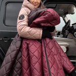 Two-tone quilted hooded puffer coat in blush and mauve, front zipper