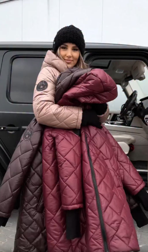 Two-tone quilted hooded puffer coat in blush and mauve, front zipper