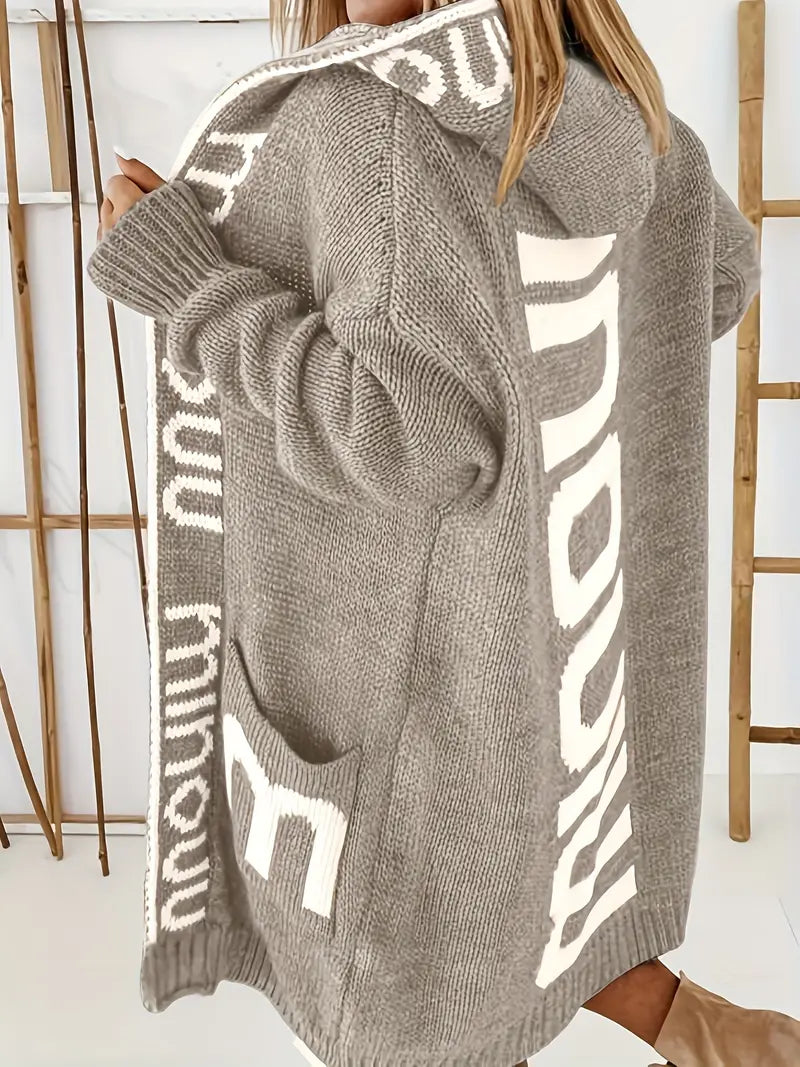 Beige-brown hooded knit cardigan with white geometric front panels, long sleeves