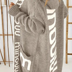 Beige-brown hooded knit cardigan with white geometric front panels, long sleeves
