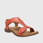 Orange orthopedic sandals with open toe, cushioned sole, and two wide adjustable straps
