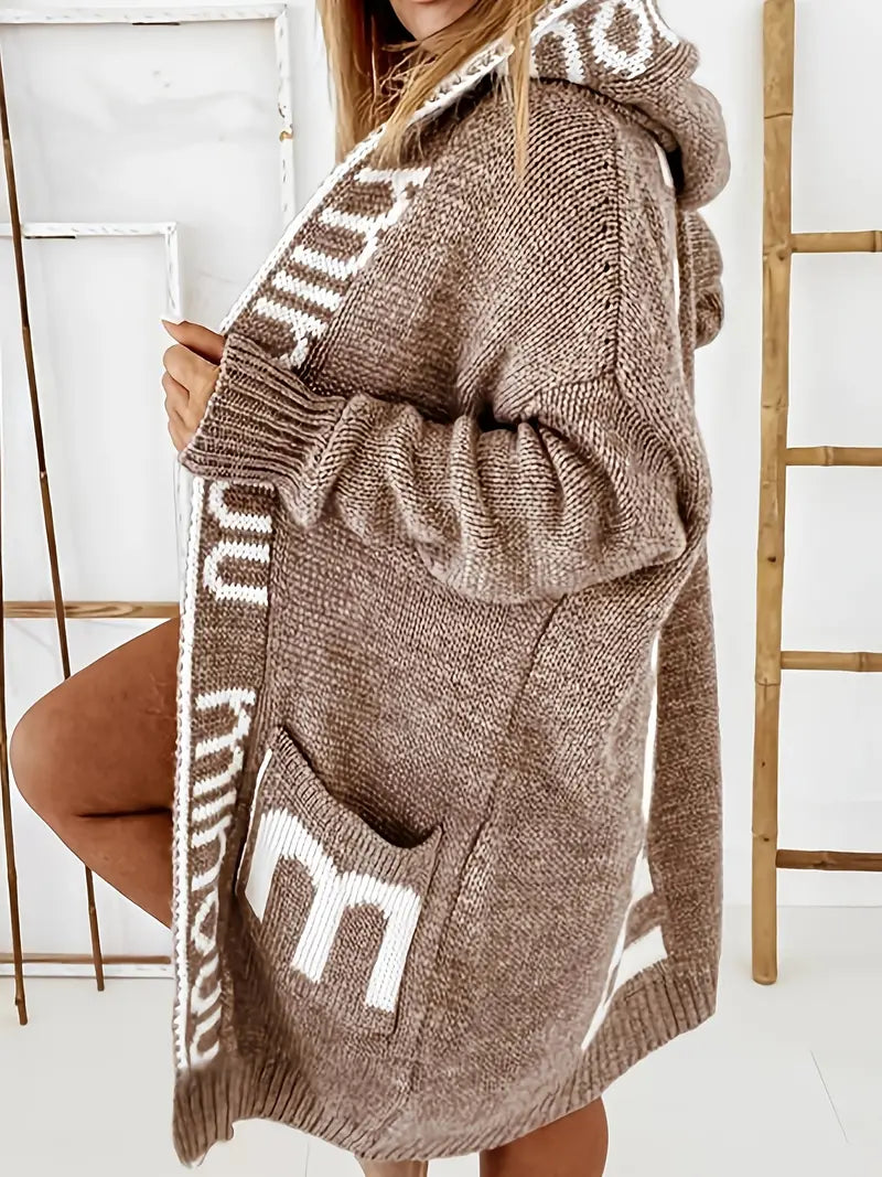 Beige-brown hooded knit cardigan with white geometric bands, long sleeves, front pockets