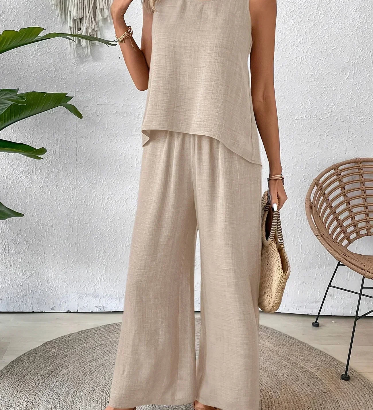 Light beige sleeveless tank and wide-leg pants set, loose relaxed fit