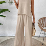 Light beige sleeveless tank and wide-leg pants set, loose relaxed fit
