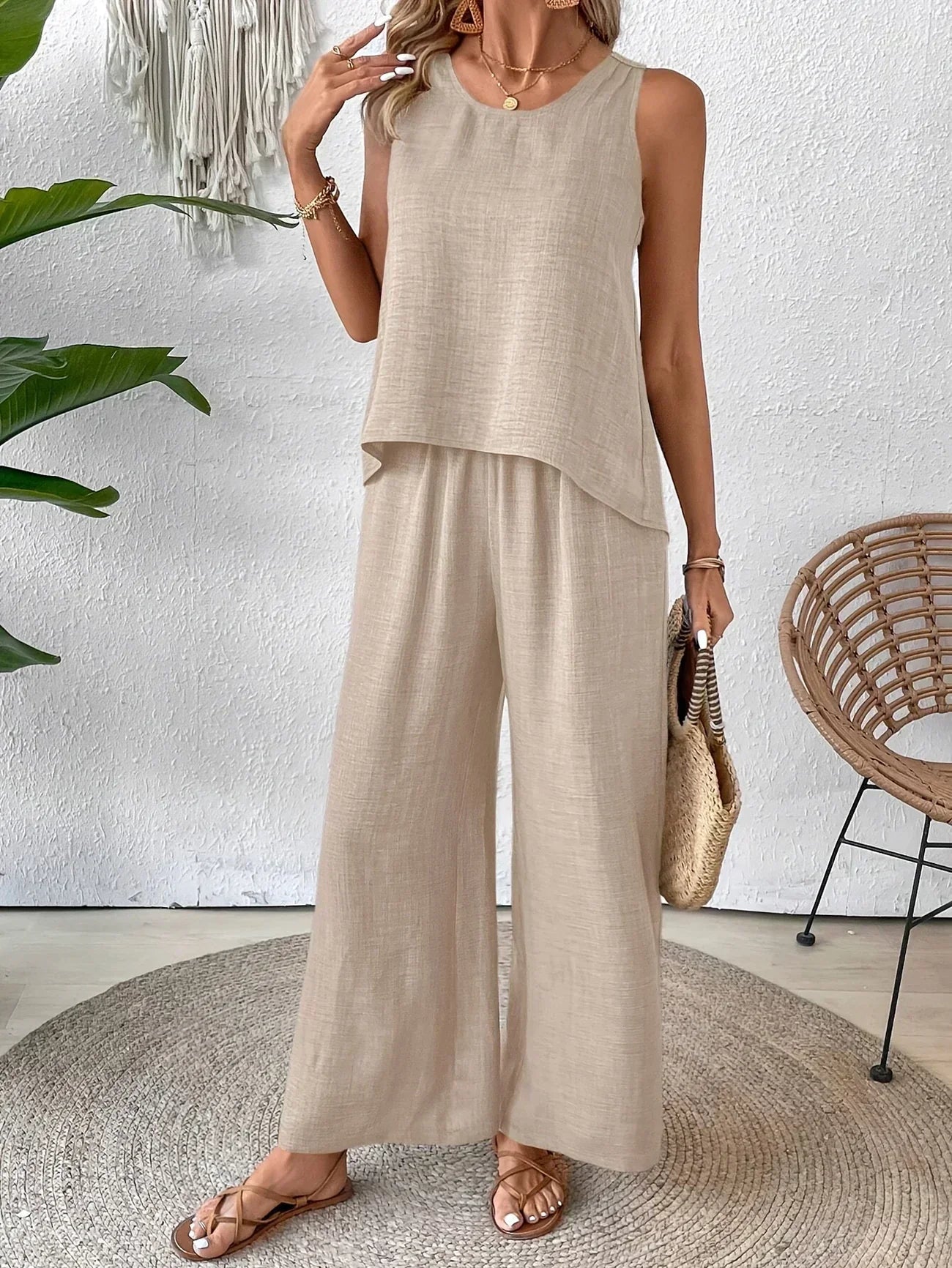 Light beige sleeveless tank and wide-leg pants set, loose relaxed fit