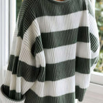 Women’s winter striped knit sweater in white and dark green, wide sleeves, crew neck